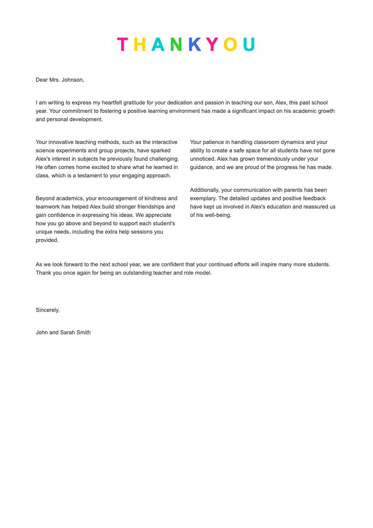 Colorful thank you letter to parents guardians from teacher with rainbow header_variant_1